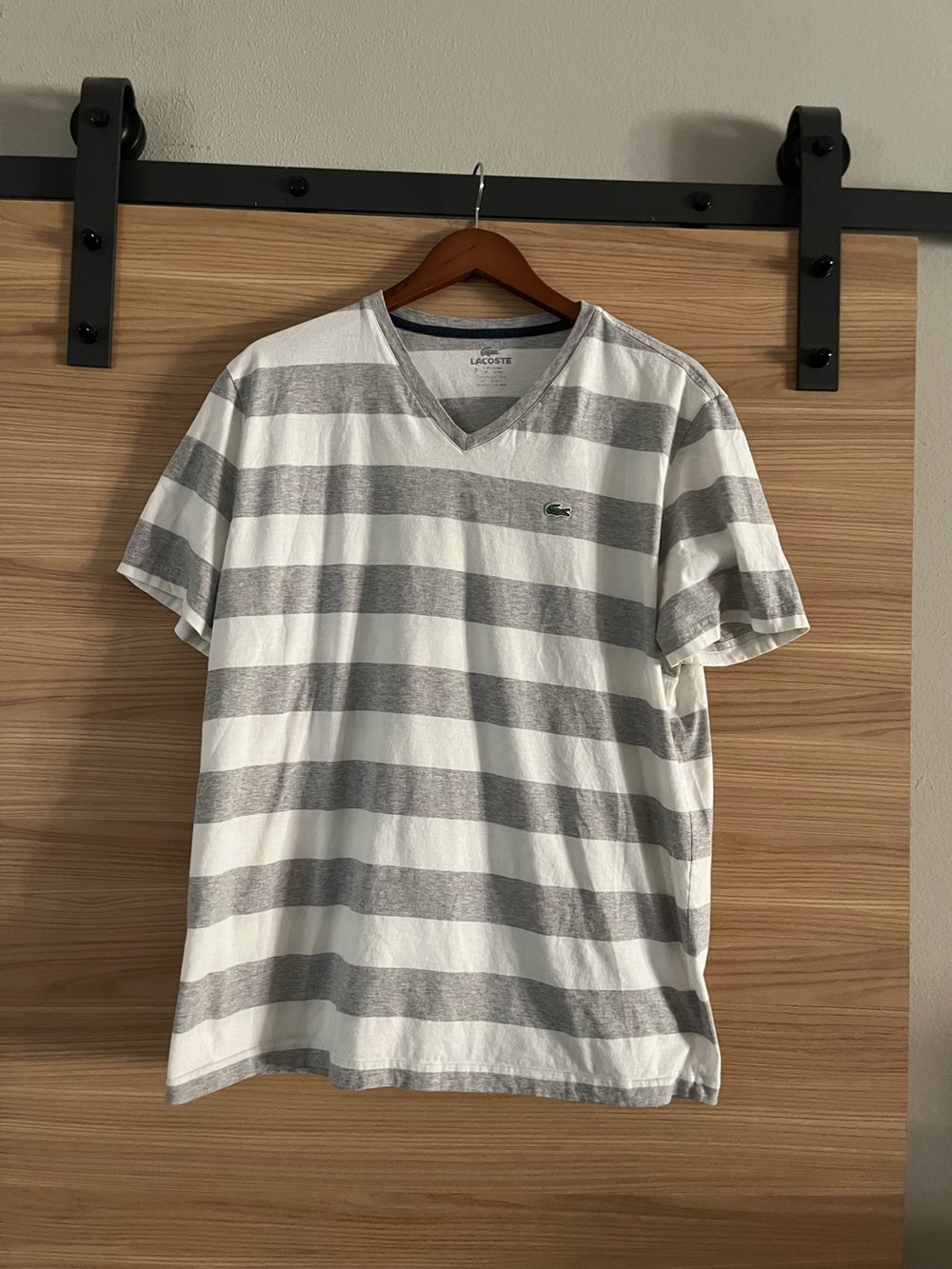 Lacoste White & Gray Striped V-Neck Tshirt Good Condition Unisex